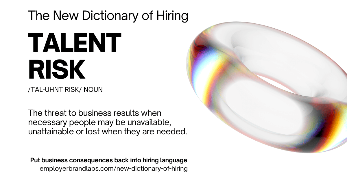 The New Dictionary of Hiring card: Talent Risk, noun. The threat to business results when necessary people may be unavailable, unattainable or lost when they are needed. Abstract iridescent glass shape on a white background.