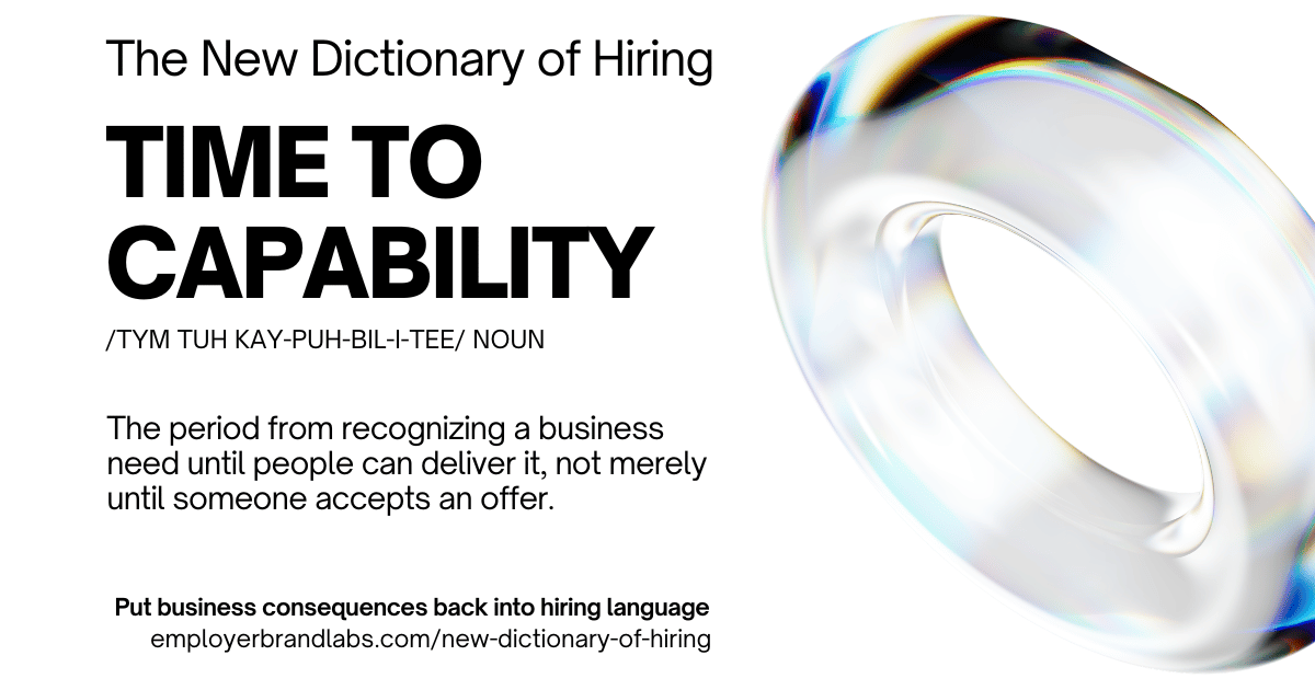 The New Dictionary of Hiring card: Time to Capability, noun. The period from recognizing a business need until people can deliver it, not merely until someone accepts an offer. Abstract iridescent glass shape on a white background.