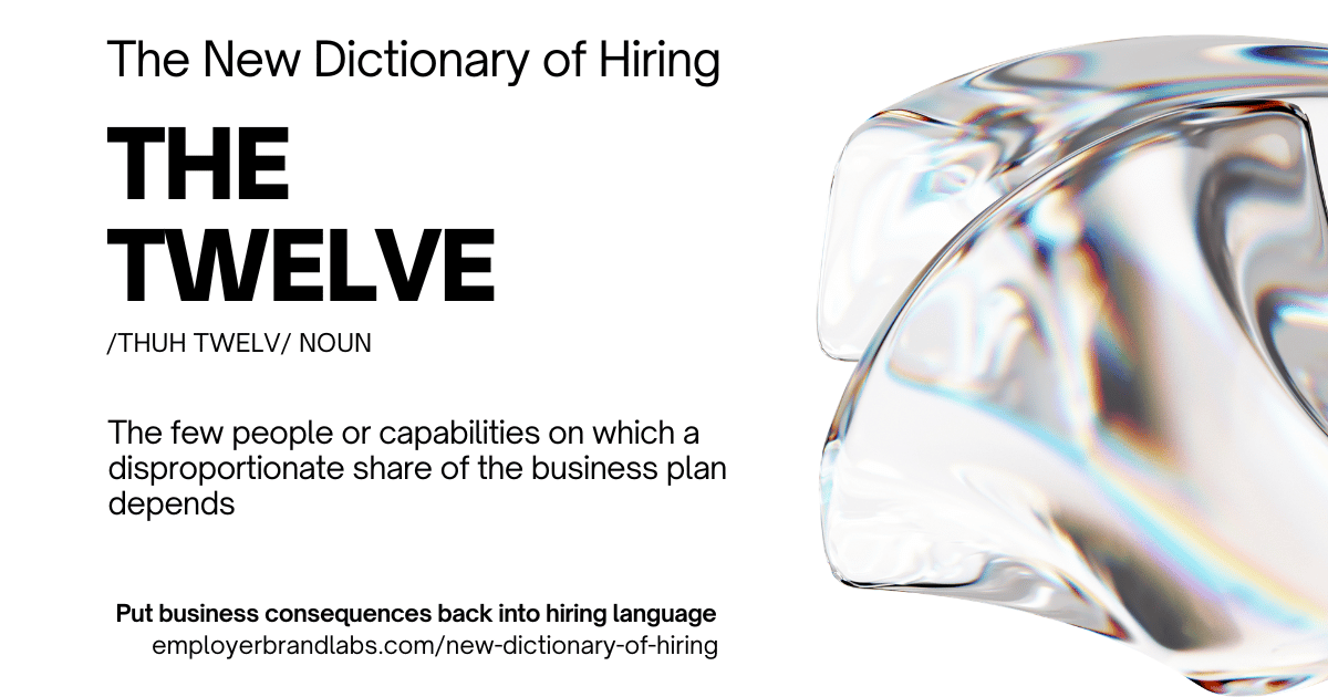 The New Dictionary of Hiring card: The Twelve, noun. The few people or capabilities on which a disproportionate share of the business plan depends. Abstract iridescent glass shape on a white background.