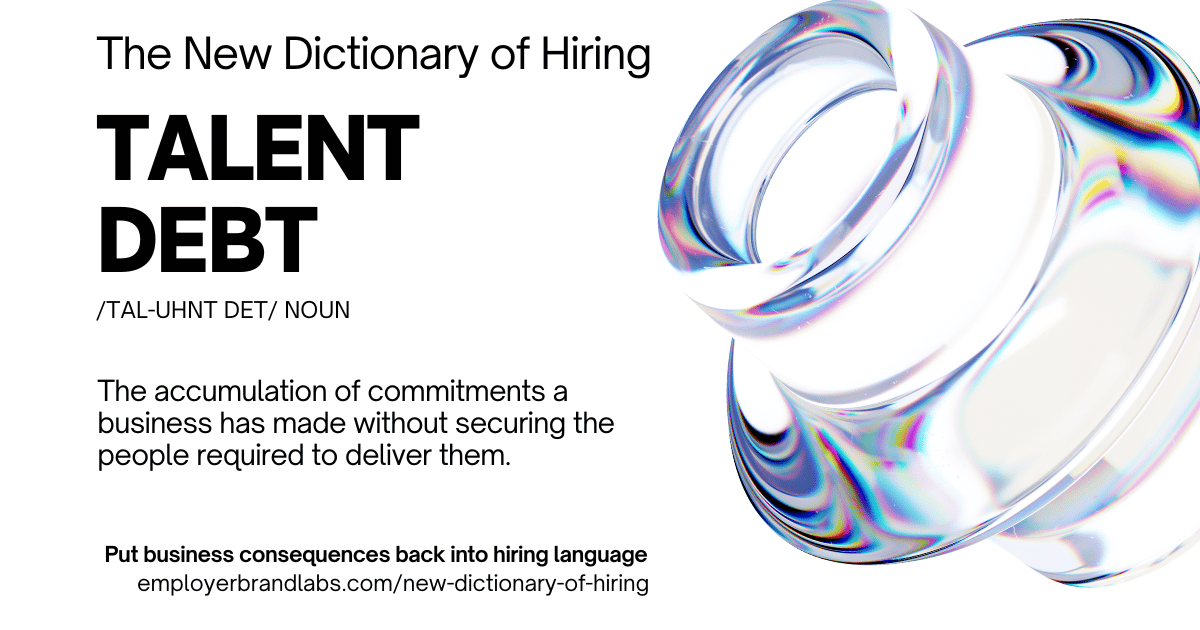 The New Dictionary of Hiring card: Talent Debt, noun. The accumulation of commitments a business has made without securing the people required to deliver them. Abstract iridescent glass shape on a white background.