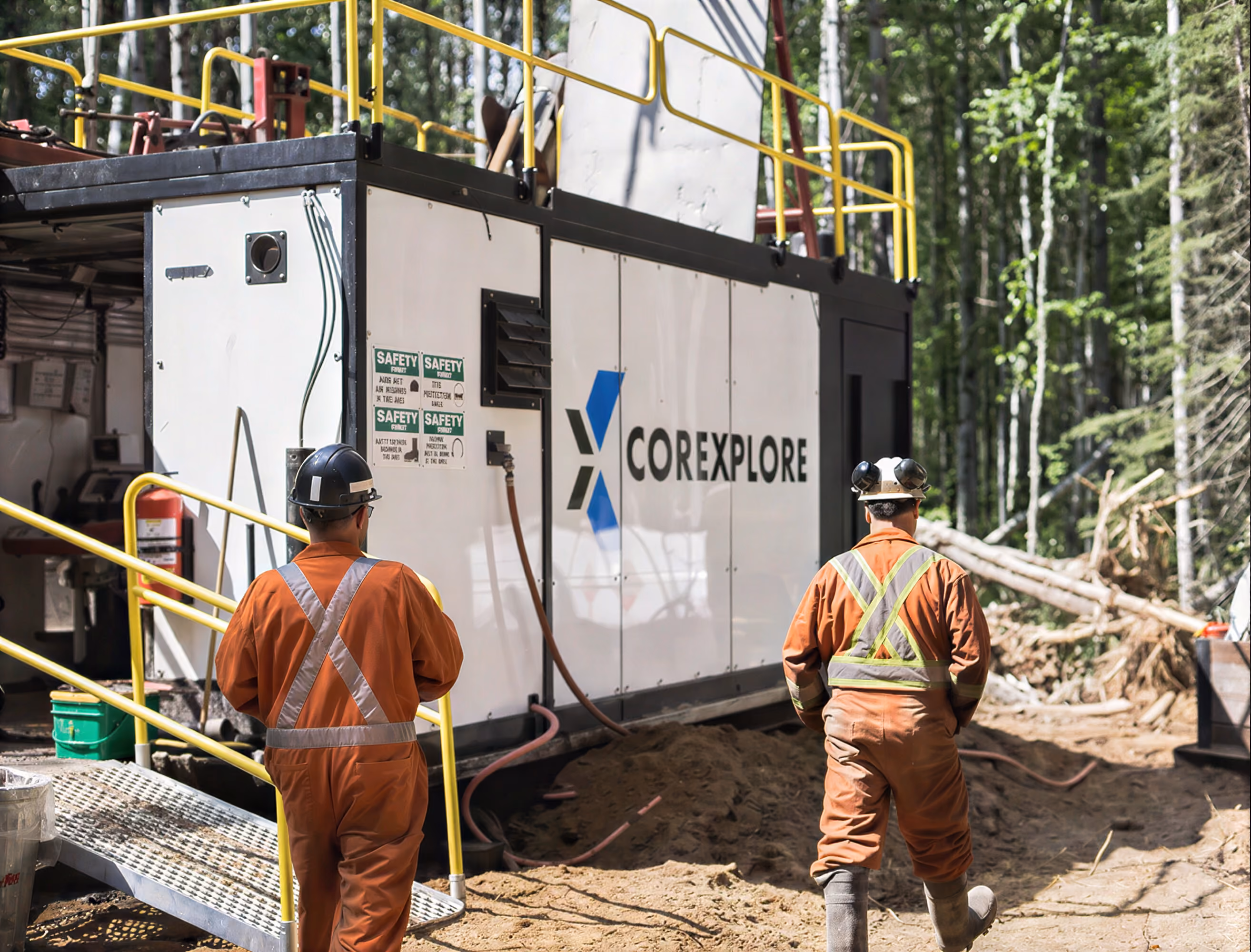Two Corexplore crew members in orange coveralls working at a surface diamond drill rig