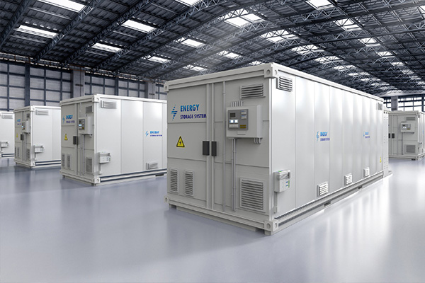Large white energy storage system containers inside a modern industrial warehouse.