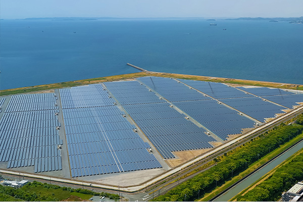 Large solar panel farm near a body of water with clear sky in the background.