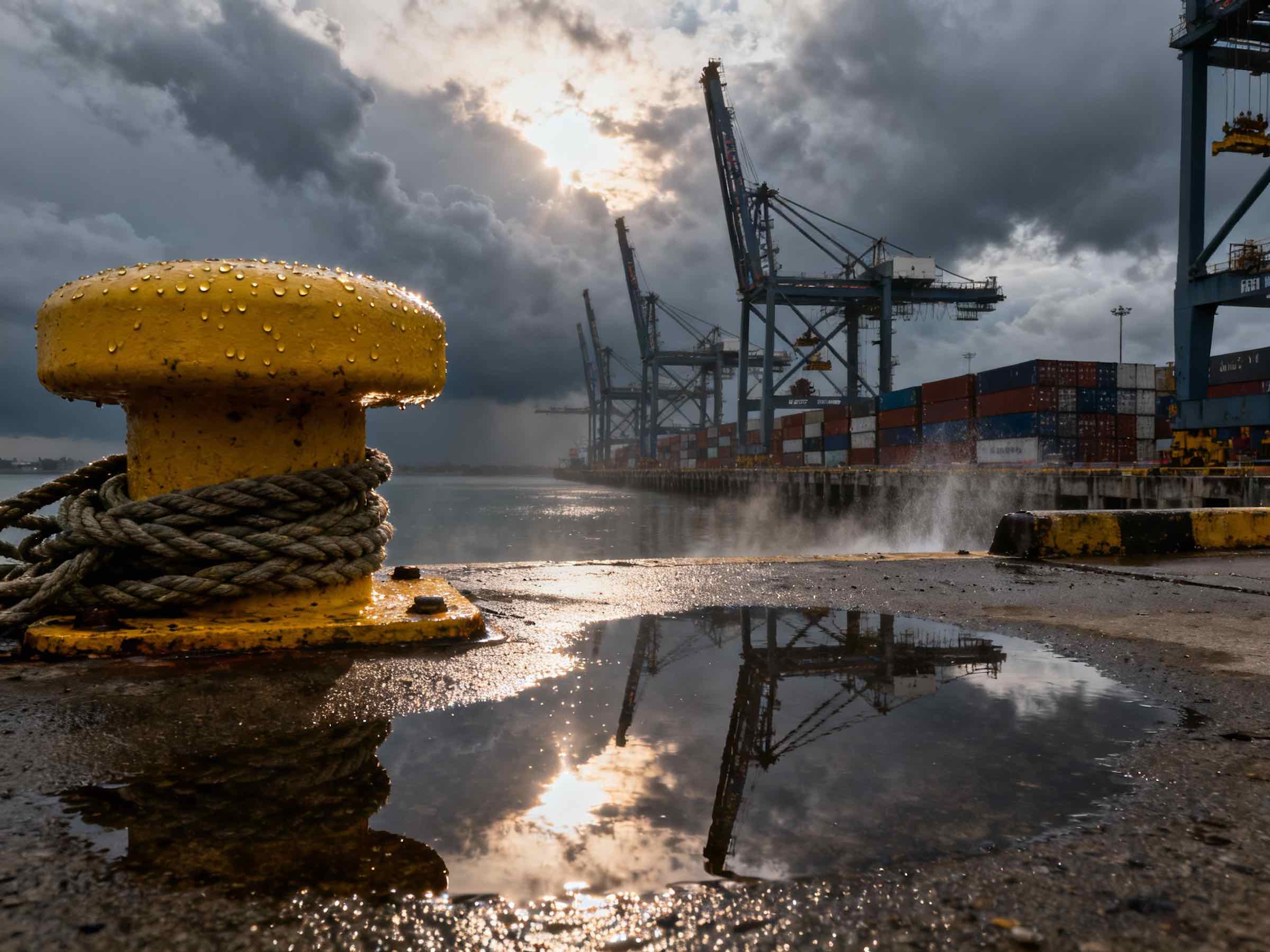 Yellow mooring bollard with rope on wet dock reflecting cranes and cloudy sky at container port.