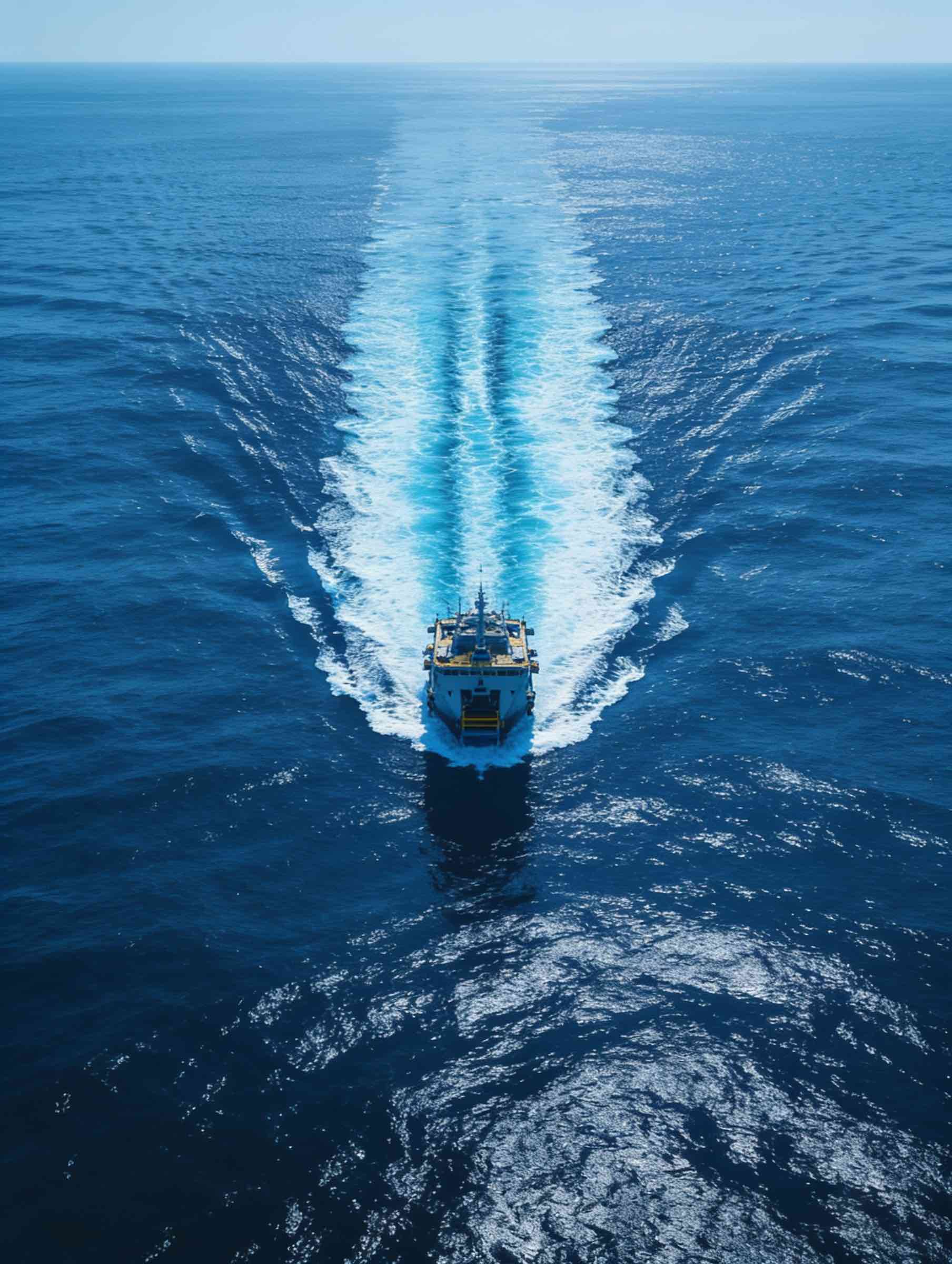 A ship sails away on a calm blue ocean, leaving a distinct white wake behind it.