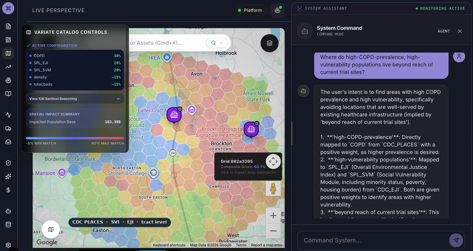 Variate Health Ask interface: a plain-English question about COPD prevalence and vulnerability returns a census-tract map with population counts, built from CDC PLACES, SVI, and EJI data.