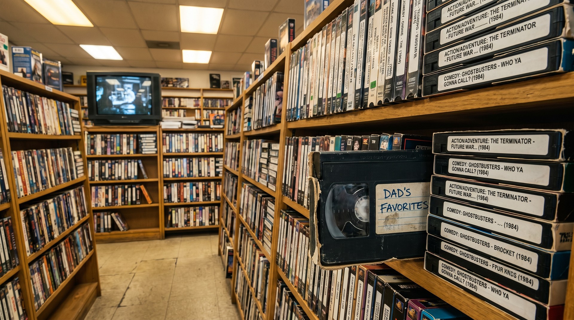 Videothekenregal voller beschrifteter VHS-Kassetten — eine einzige abgegriffene Kassette wird immer wieder ausgeliehen