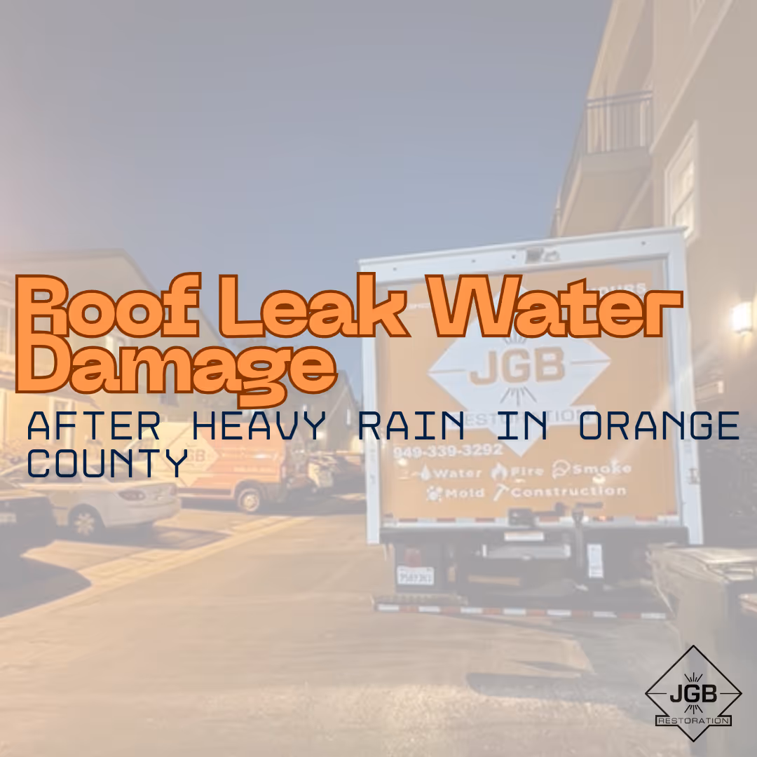 Ceiling water damage and staining from roof leak after heavy rain in Orange County home