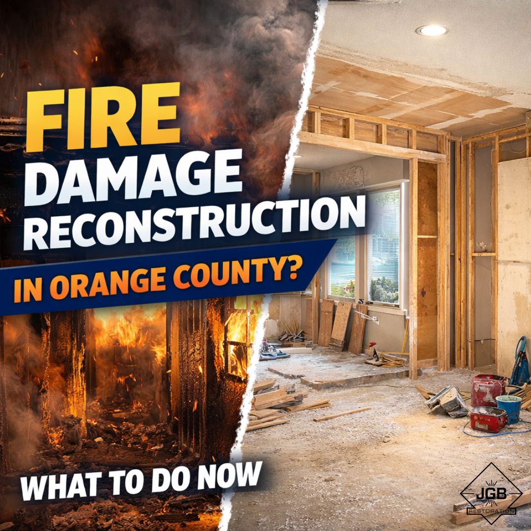 Fire damage and smoke restoration in an Orange County home with active reconstruction and structural repairs underway