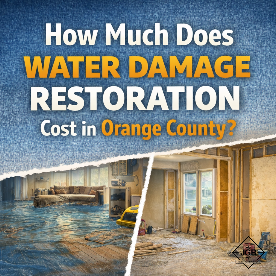 Water damage restoration cost overview in Orange County showing flooded interior and reconstruction scene, illustrating factors that impact pricing su