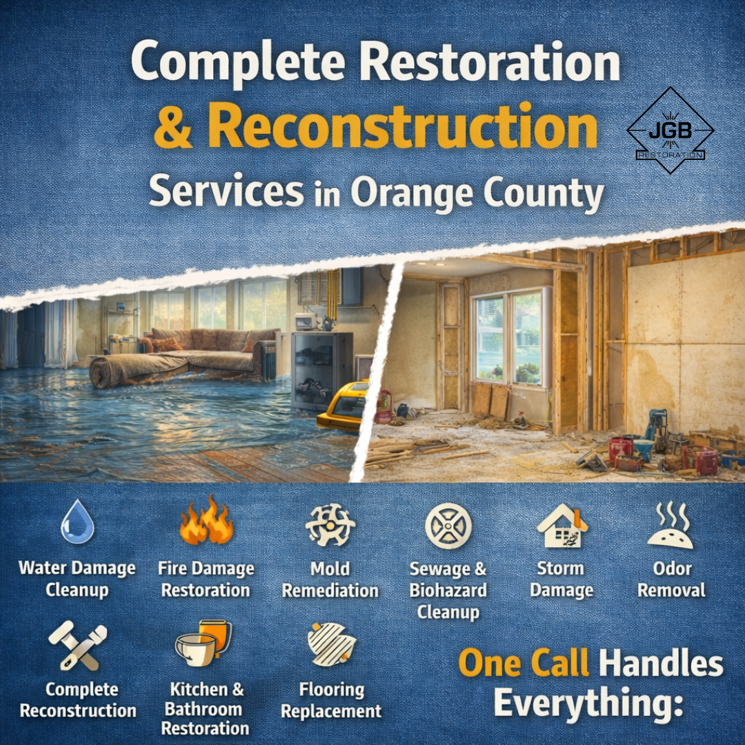 Full-service restoration and reconstruction services in Orange County including water damage cleanup, fire restoration, mold remediation, and complete rebuilds handled in-house by JGB Restoration.