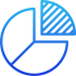 Blue pie chart icon with three segments, one segment separated and marked with diagonal lines.