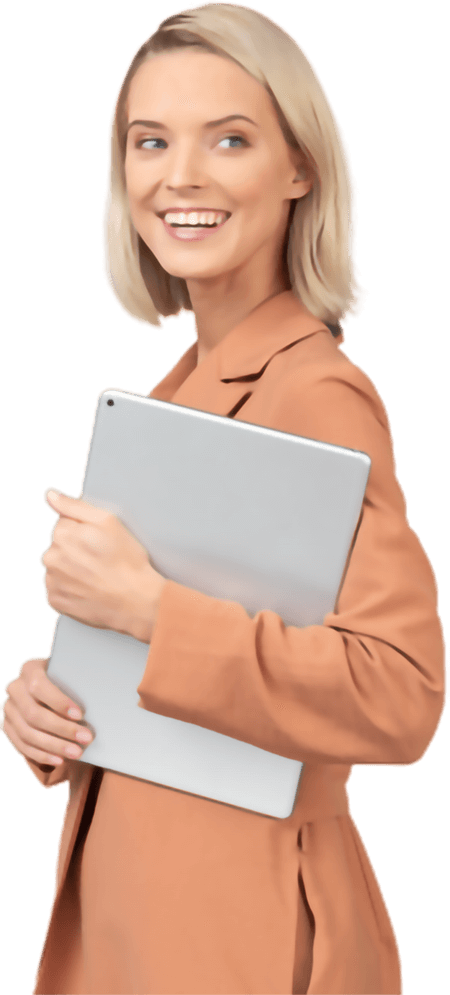 Smiling woman with blonde hair in a brown coat holding a silver tablet.
