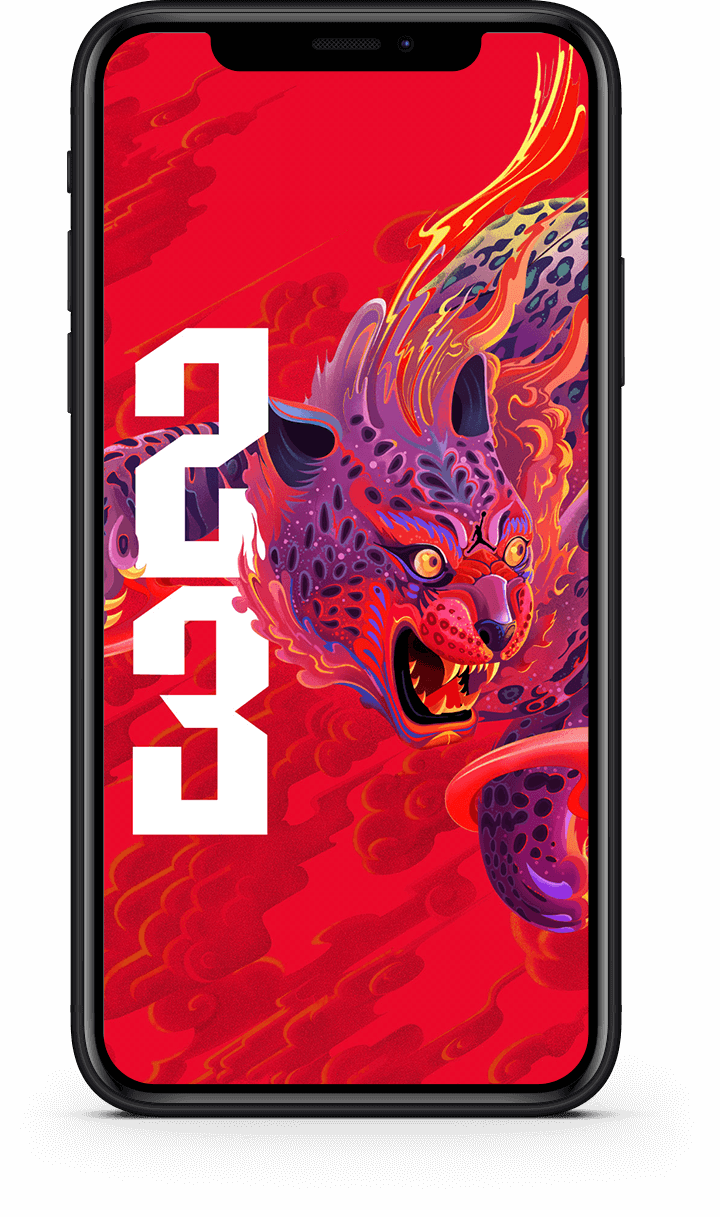 Black iPhone displaying a vibrant red wallpaper featuring a fierce, stylized purple and orange leopard with flames and the number 253 in bold white text.