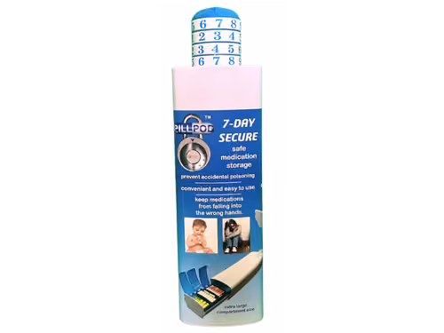 Box for 7-day secure locking pill organizer with safety and convenience features shown.