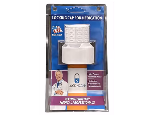 Locking cap for medication bottle on blue card, recommended by medical professionals, USA made.
