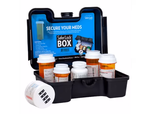 Black SaferLock medication lock box open with six prescription bottles inside and one outside.