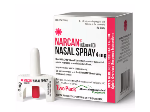 Narcan nasal spray box and two white 4 mg naloxone HCl nasal spray devices for opioid overdose.