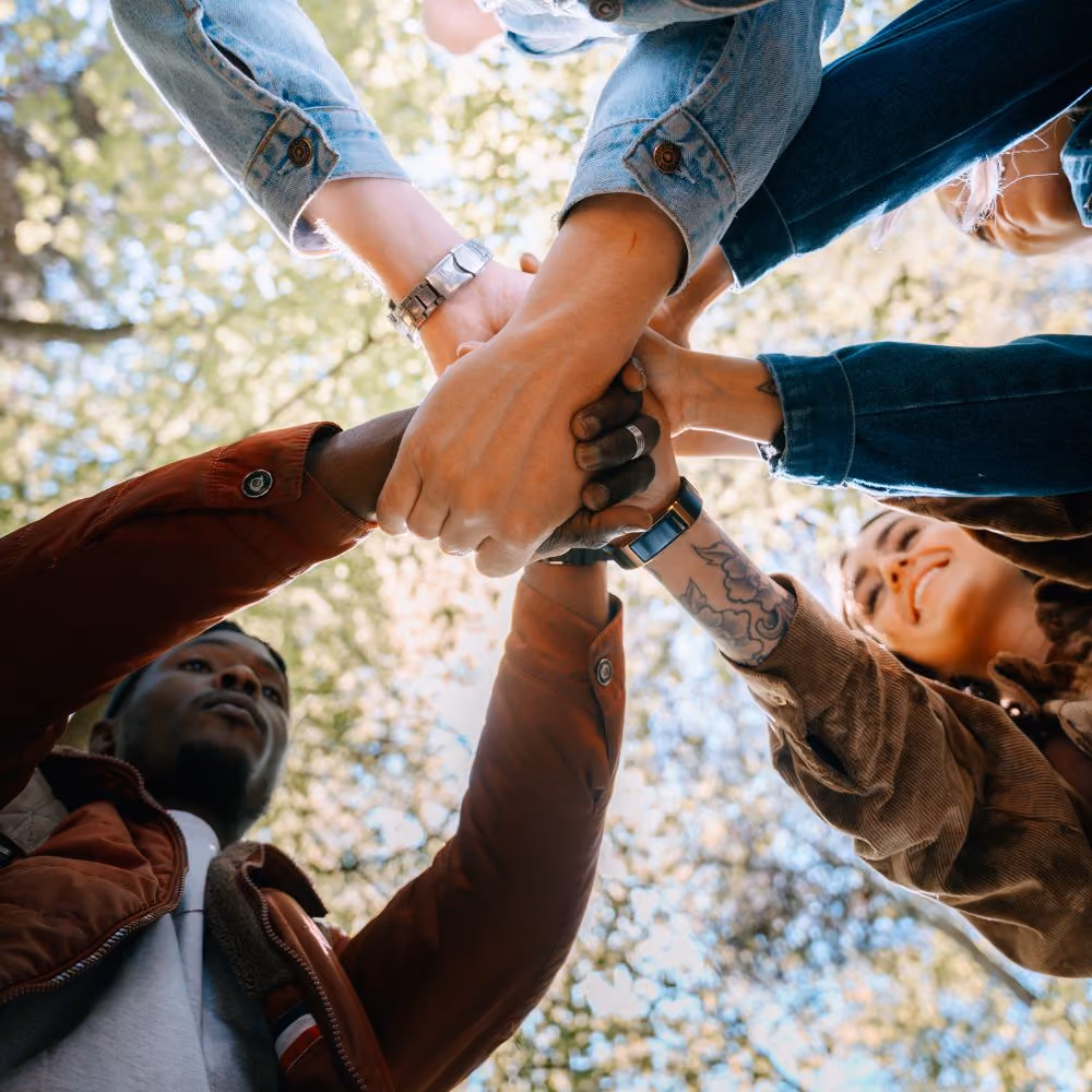 Group of diverse people joining hands in a gesture of unity outdoors with trees in the background.