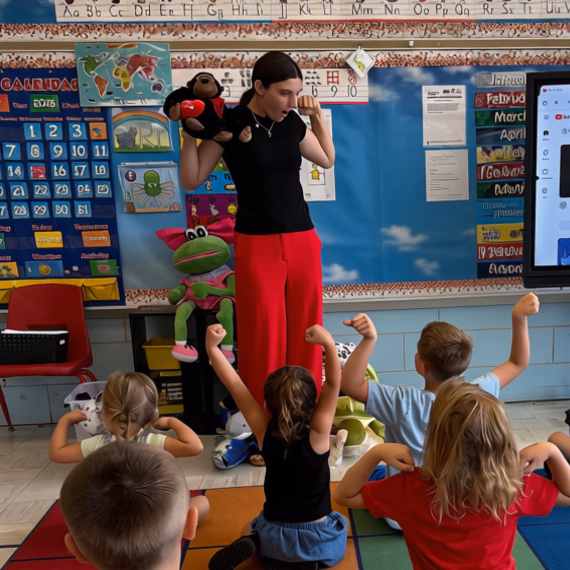Teacher holding a teddy bear puppet shows muscles to seated children who mimic her arm flexing.