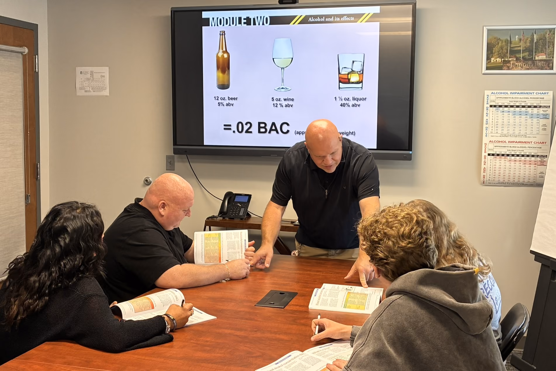 Instructor teaching four adults about alcohol effects with a chart showing drink types and BAC on screen.