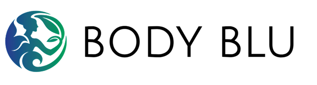 Body Blu logo featuring an abstract circular design with stylized human figures and leaves, next to the text 'BODY BLU'.