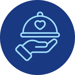 A blue circle with a hand holding a heart shaped towel.