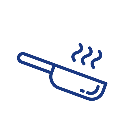 A blue and white spoon with steam coming out of it.