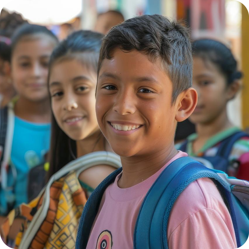 happy children inside a colorful classroom