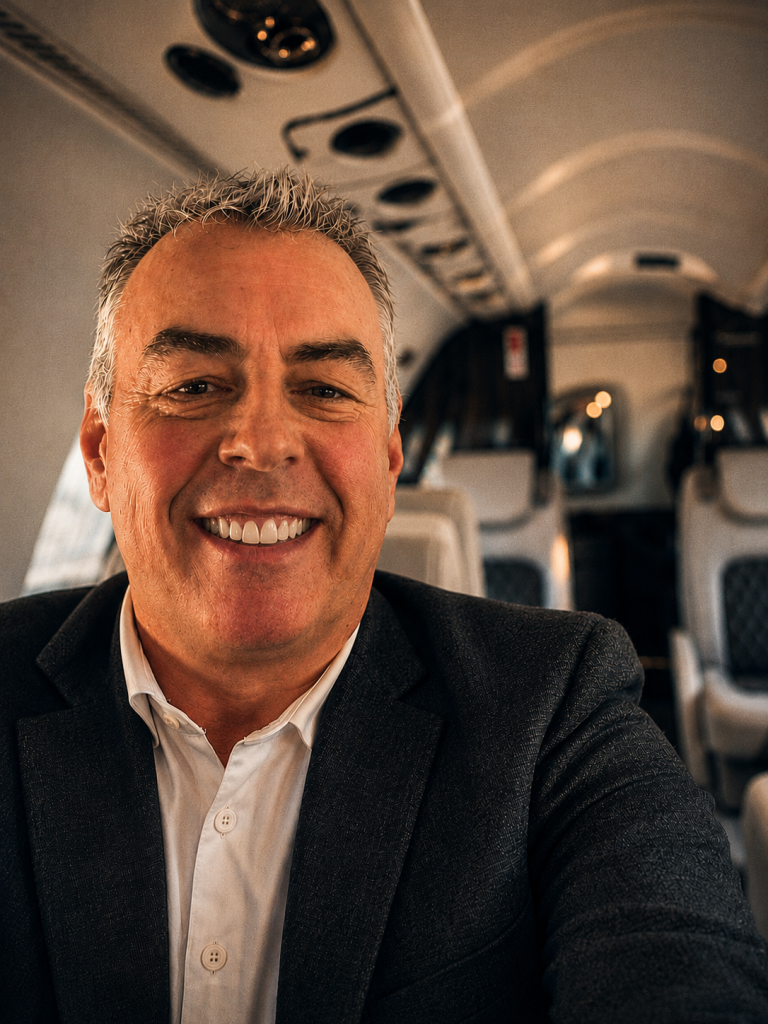 John Traub, founder of Executive Air Space Agency, aboard a private jet