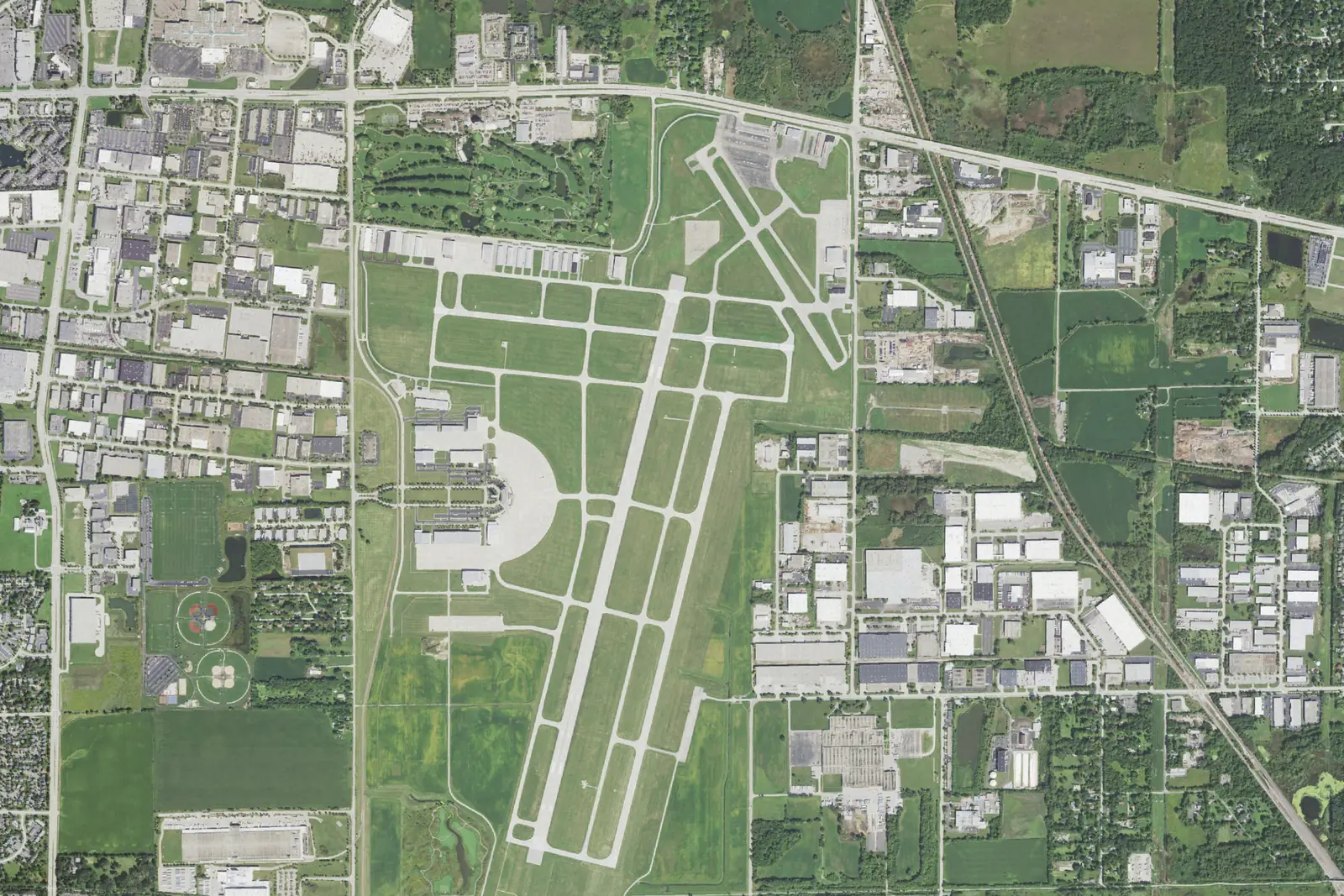 Overhead aerial view of DuPage Airport (DPA) runways and taxiways in West Chicago, Illinois