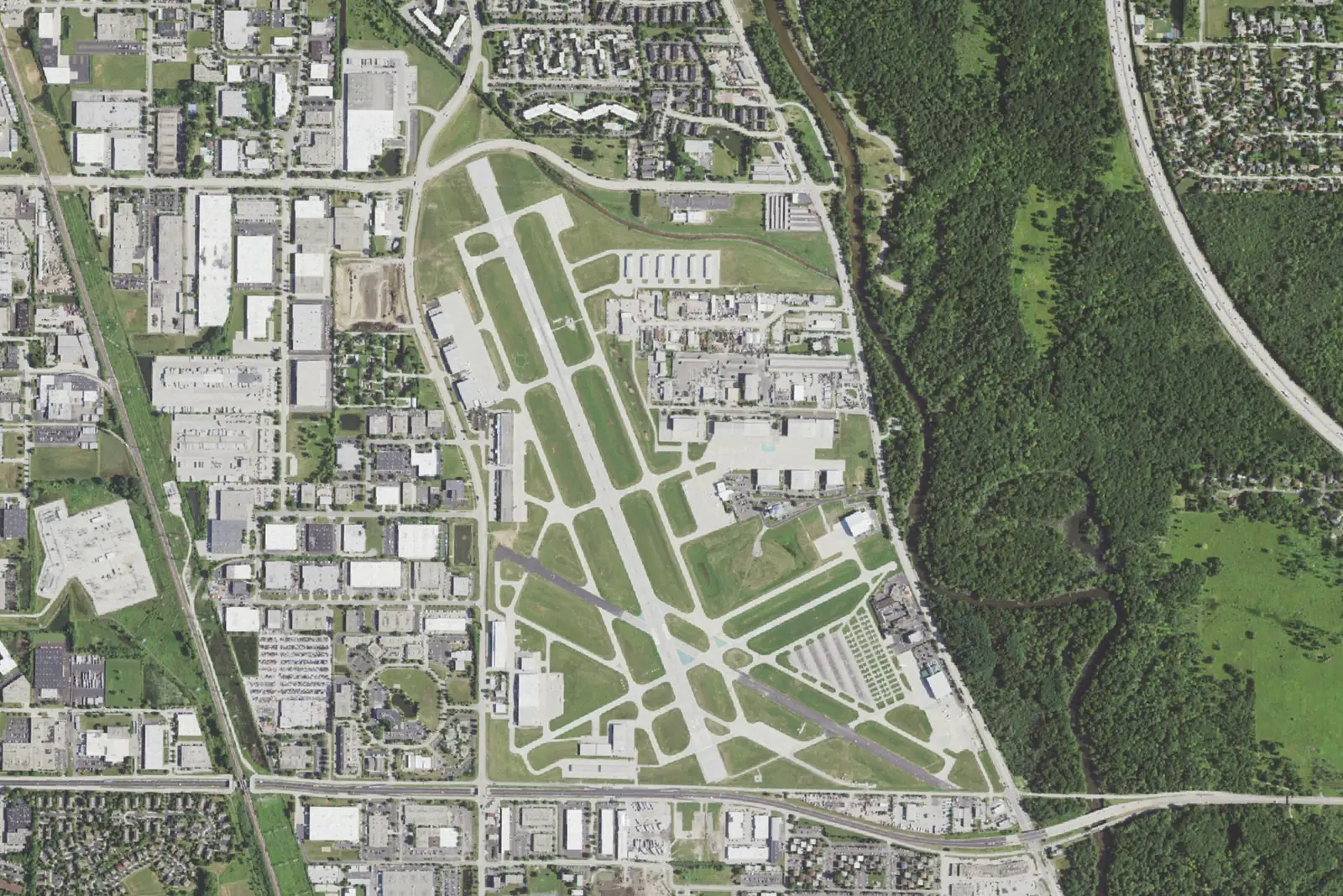 Overhead aerial view of Chicago Executive Airport (PWK) runways, taxiways and hangars in Wheeling, Illinois