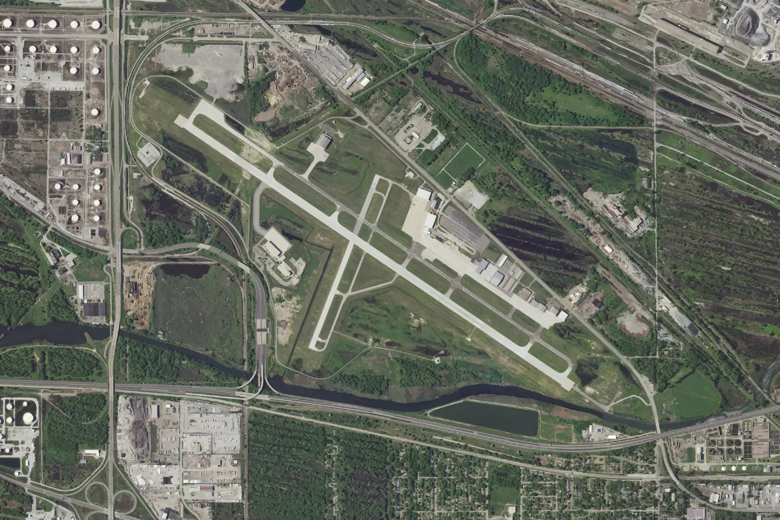 Overhead aerial view of Gary/Chicago International Airport (GYY) runways in Gary, Indiana