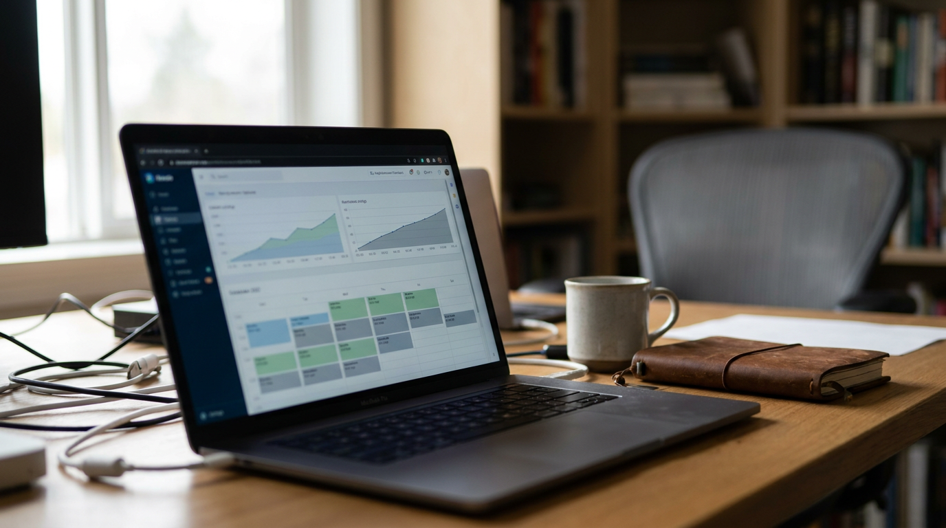 A dashboard showing rising organic traffic charts and automated content schedules