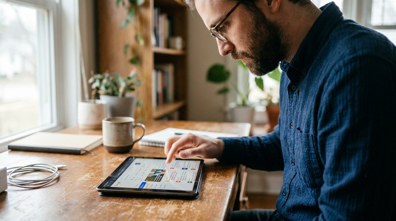 A digital marketer analyzing AI search results on a tablet with Perplexity citations visible