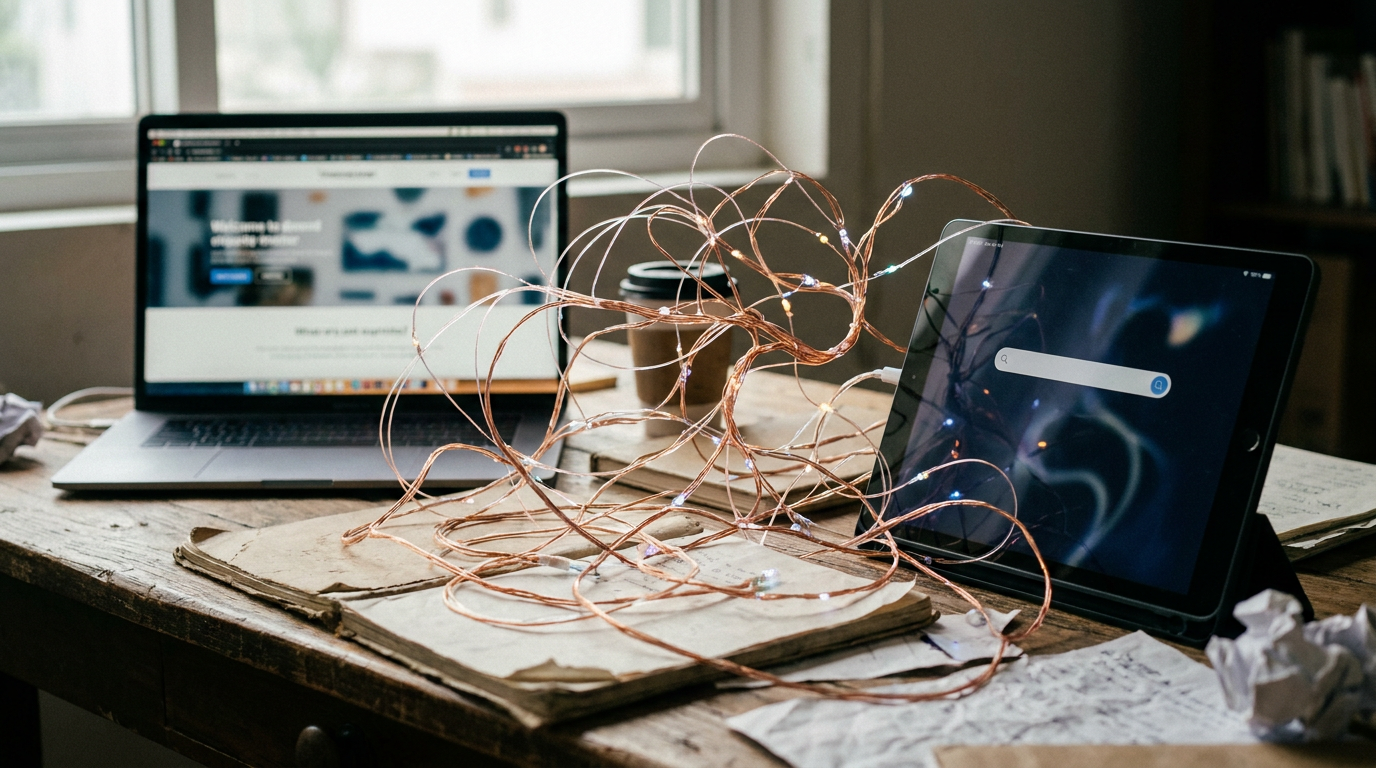A conceptual illustration of a neural network connecting a website to an AI search interface