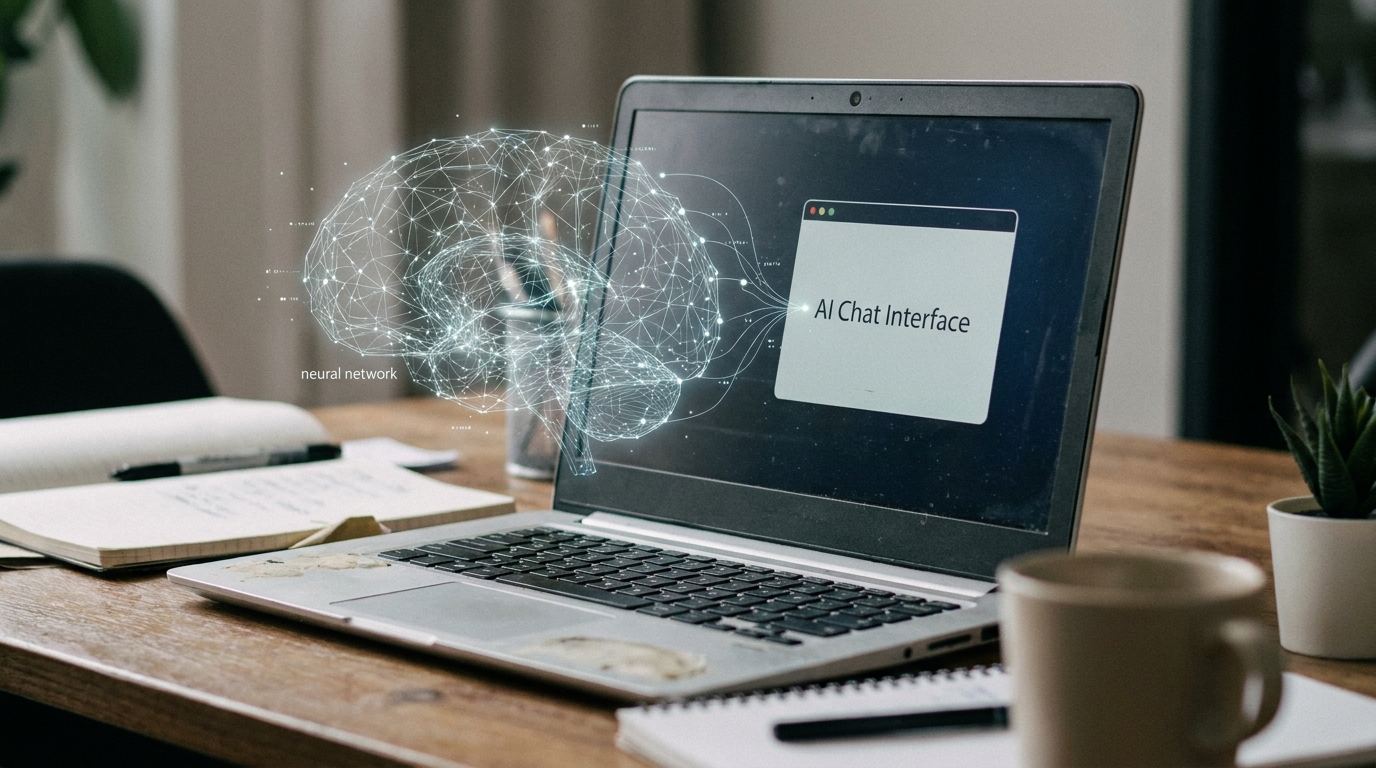 A digital visualization showing a neural network connecting website content to an AI chat interface