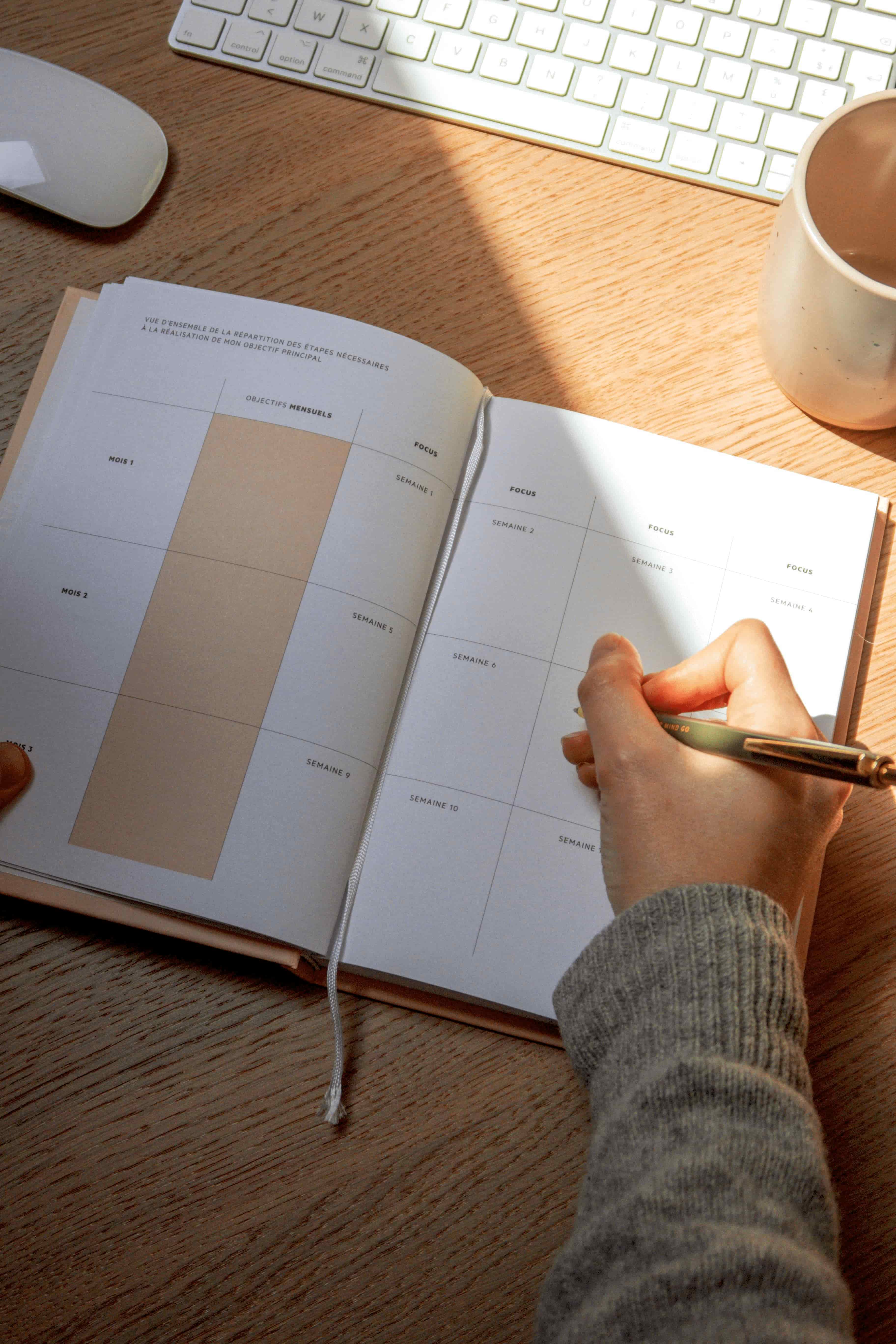 Overhead view of a hand writing in a weekly planning journal on a wooden desk, with a keyboard and coffee mug nearby.