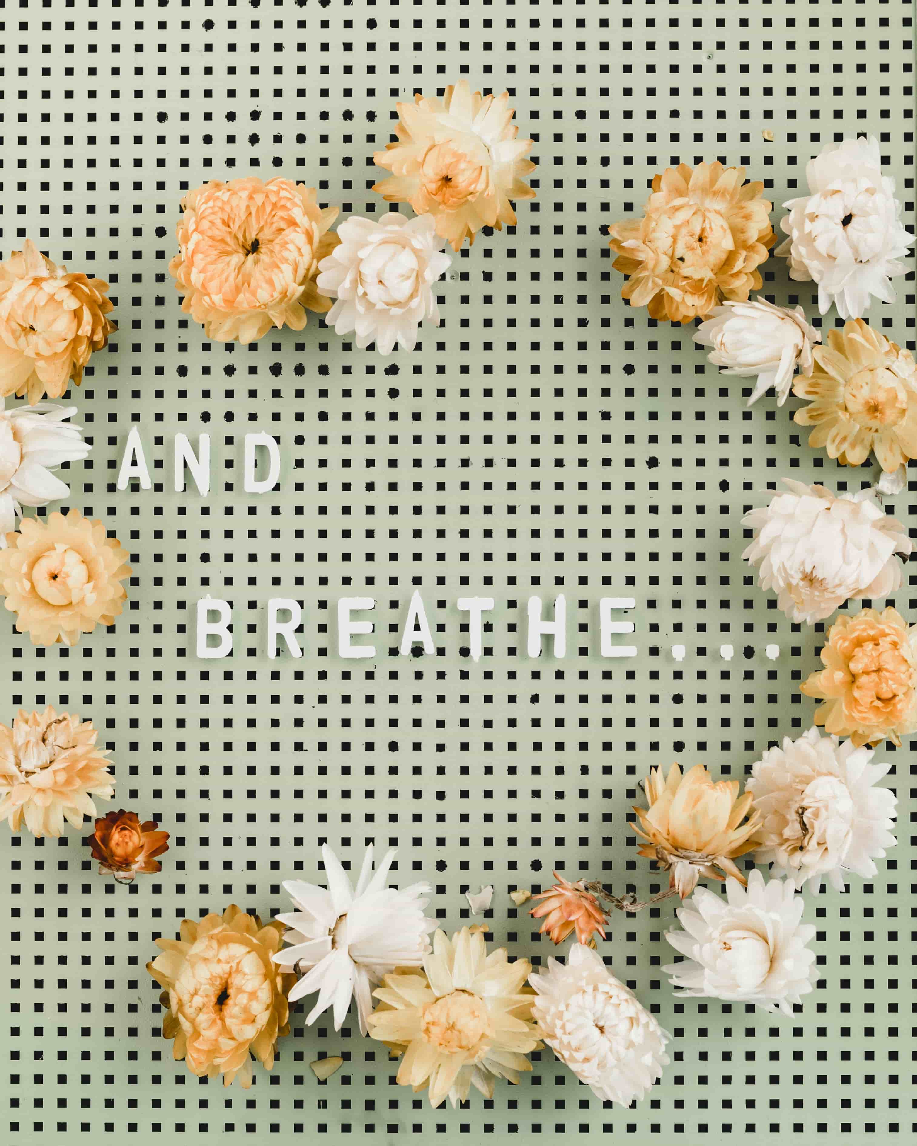 An arrangement of flowers surrounding the words "and breathe".