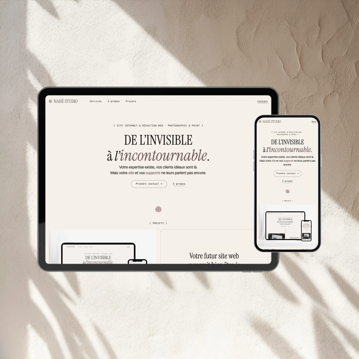 Site Nahé Studio présenté sur tablette et smartphone