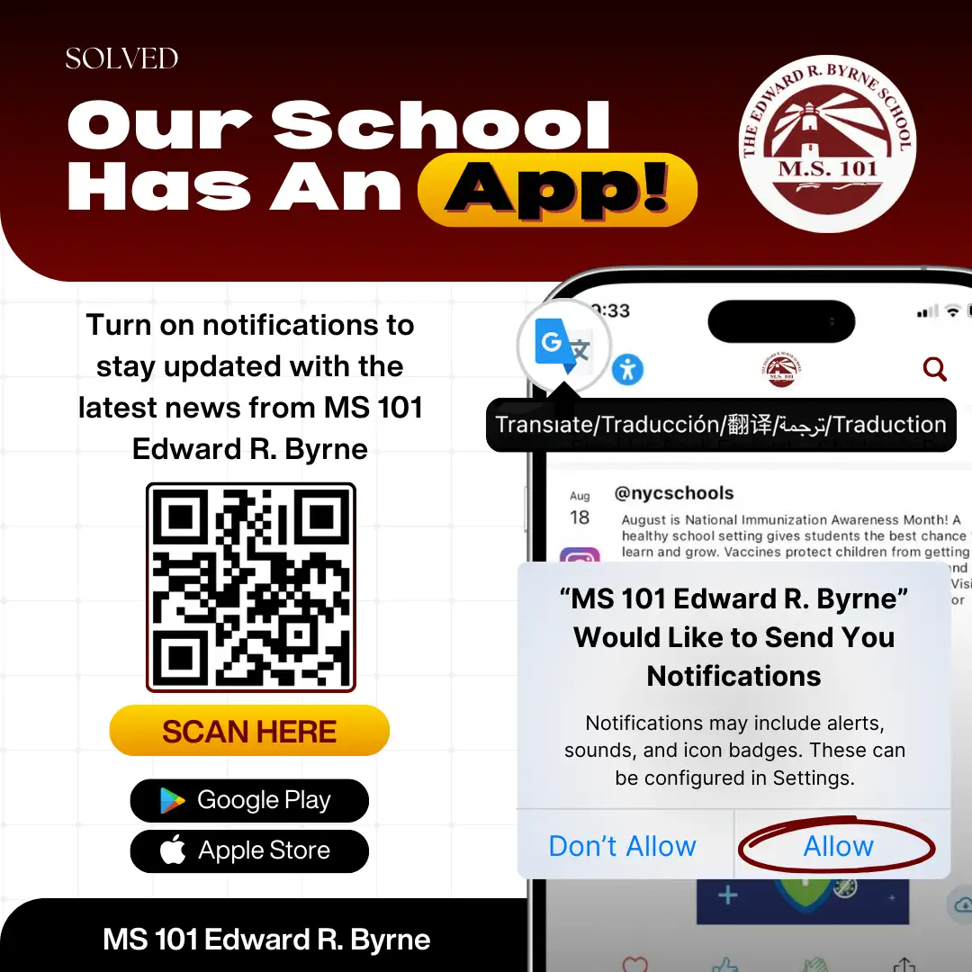 MS 101 Edward R Byrne school app download flyer with QR code