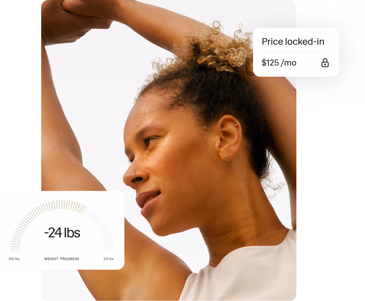 Woman stretching with sweat, weight progress showing 24 lbs lost and price locked at $125 per month.