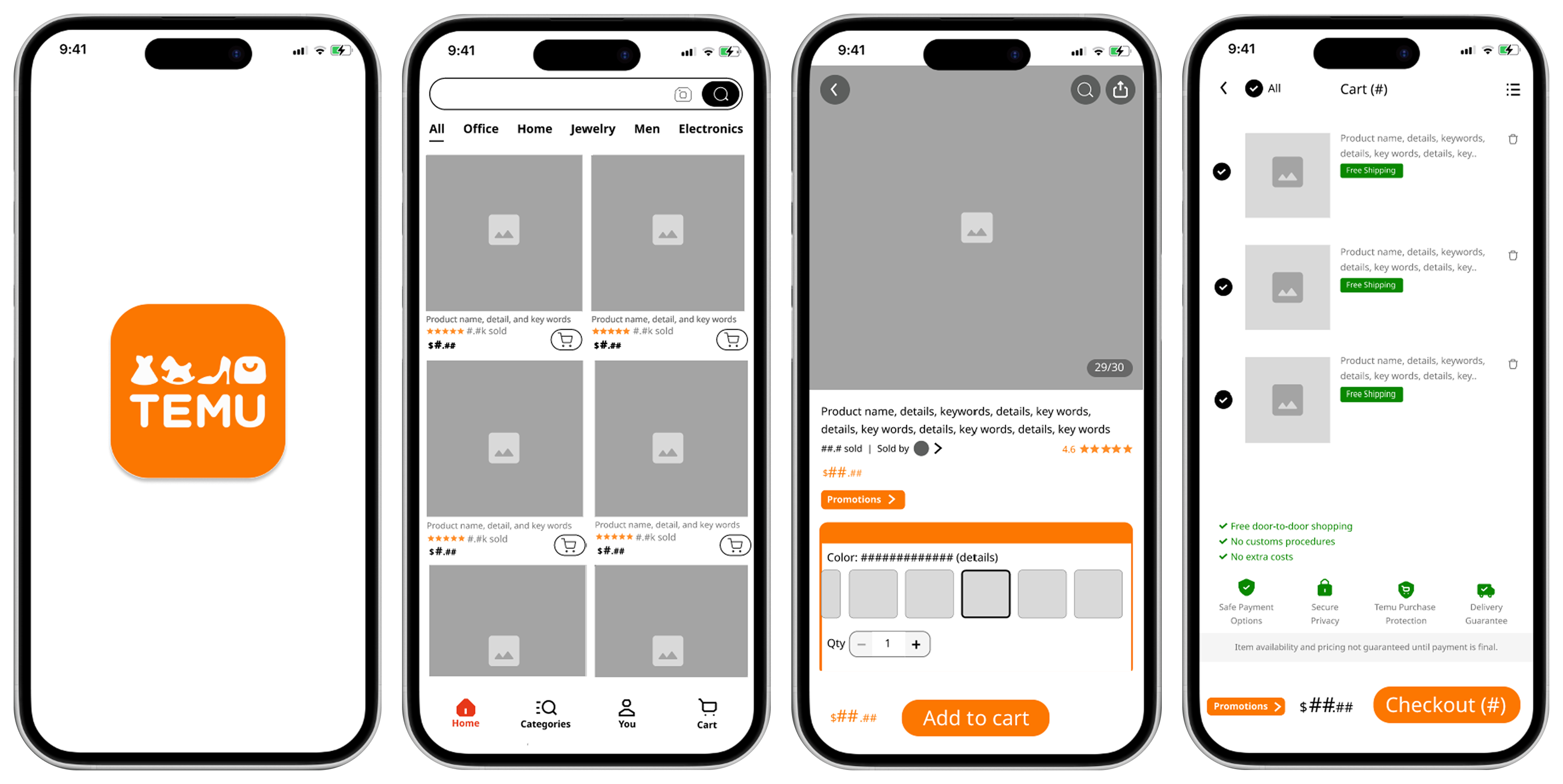 4 iPhones displaying the user flow of the Temu UX Audit Redesign