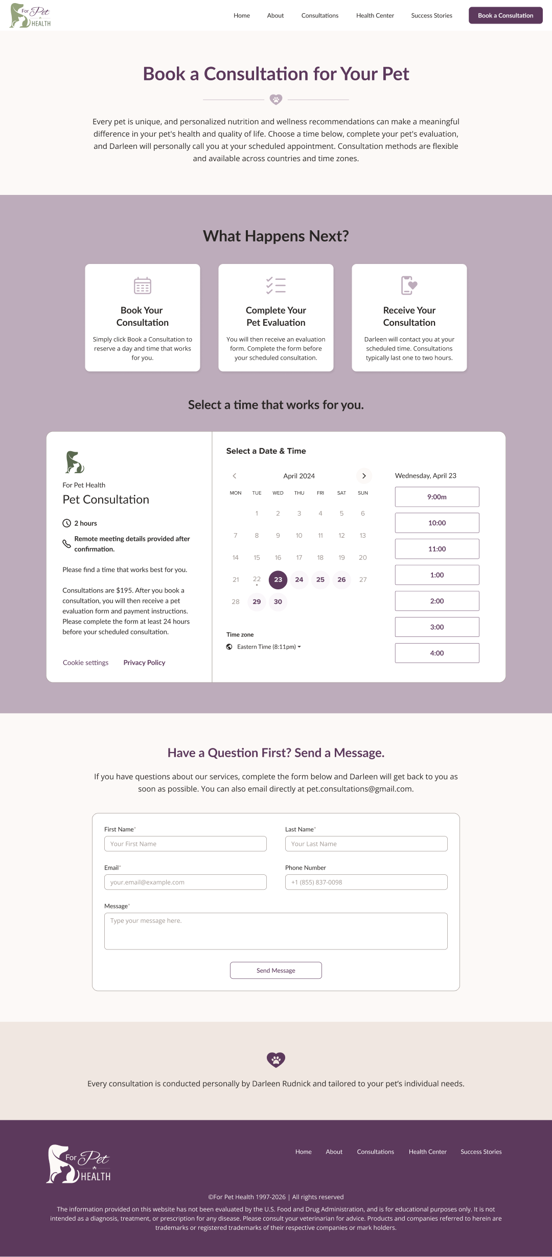 The For Pet Health Booking page designed by Amanda Gustin
