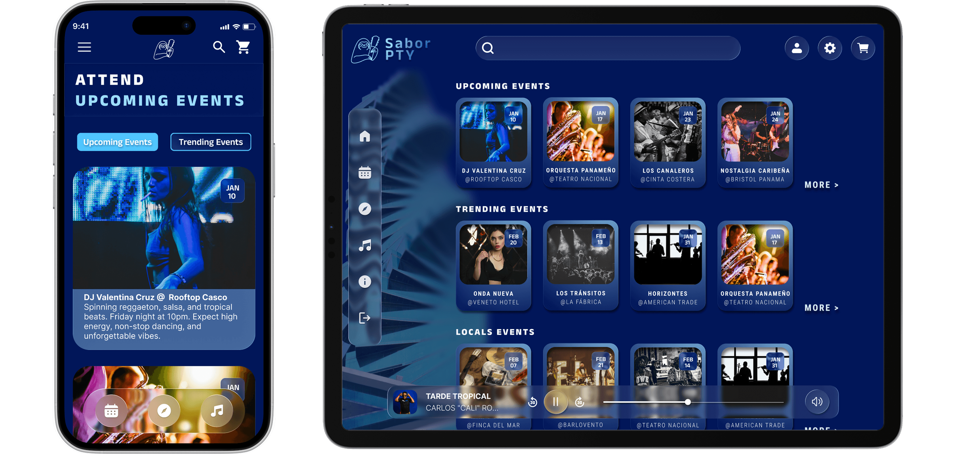 A tablet and and iPhone displaying the responsiveness of the Sabor PTY App, for the events module