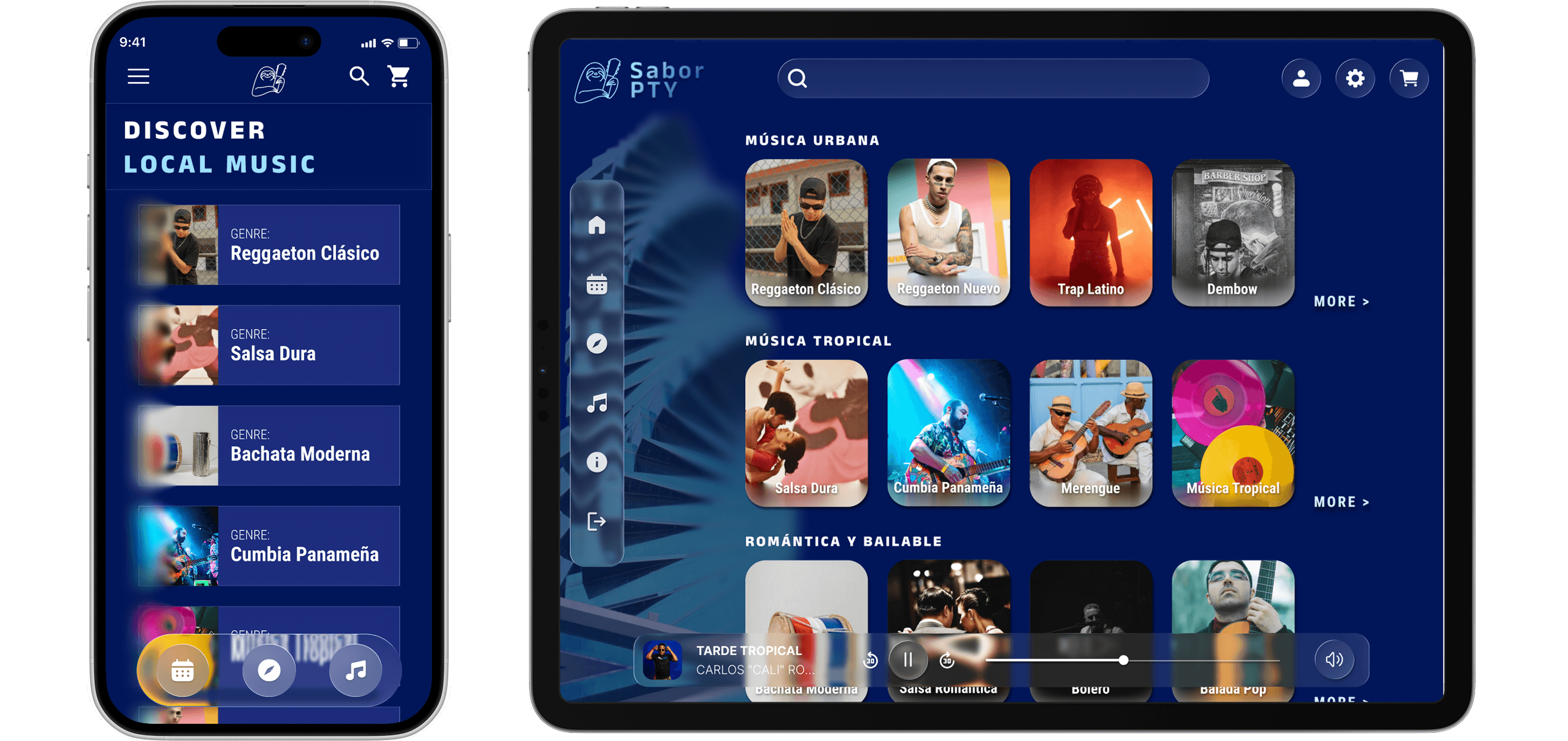 A tablet and and iPhone displaying the responsiveness of the Sabor PTY App, for the music discovery module