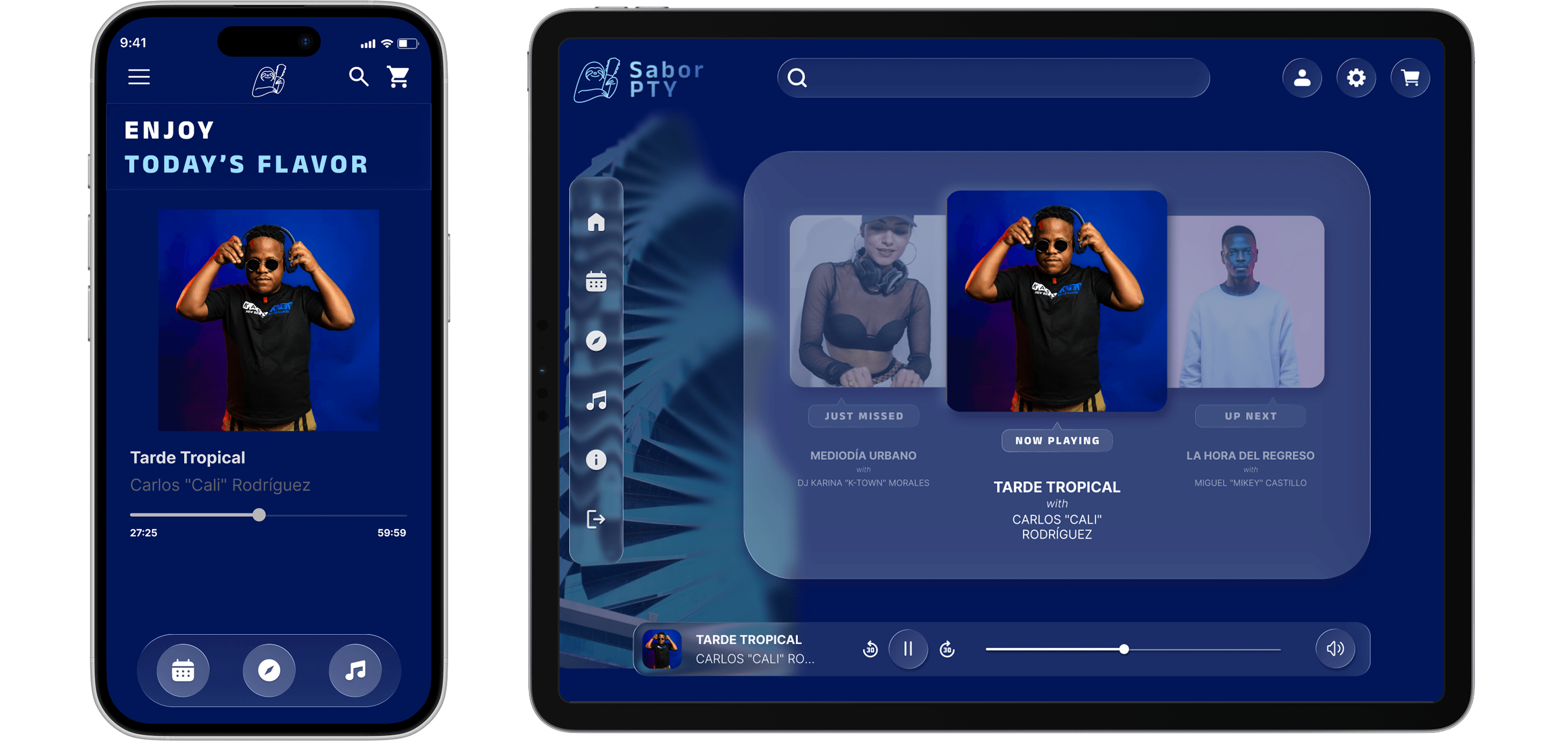 A tablet and and iPhone displaying the responsiveness of the Sabor PTY App, for steaming music