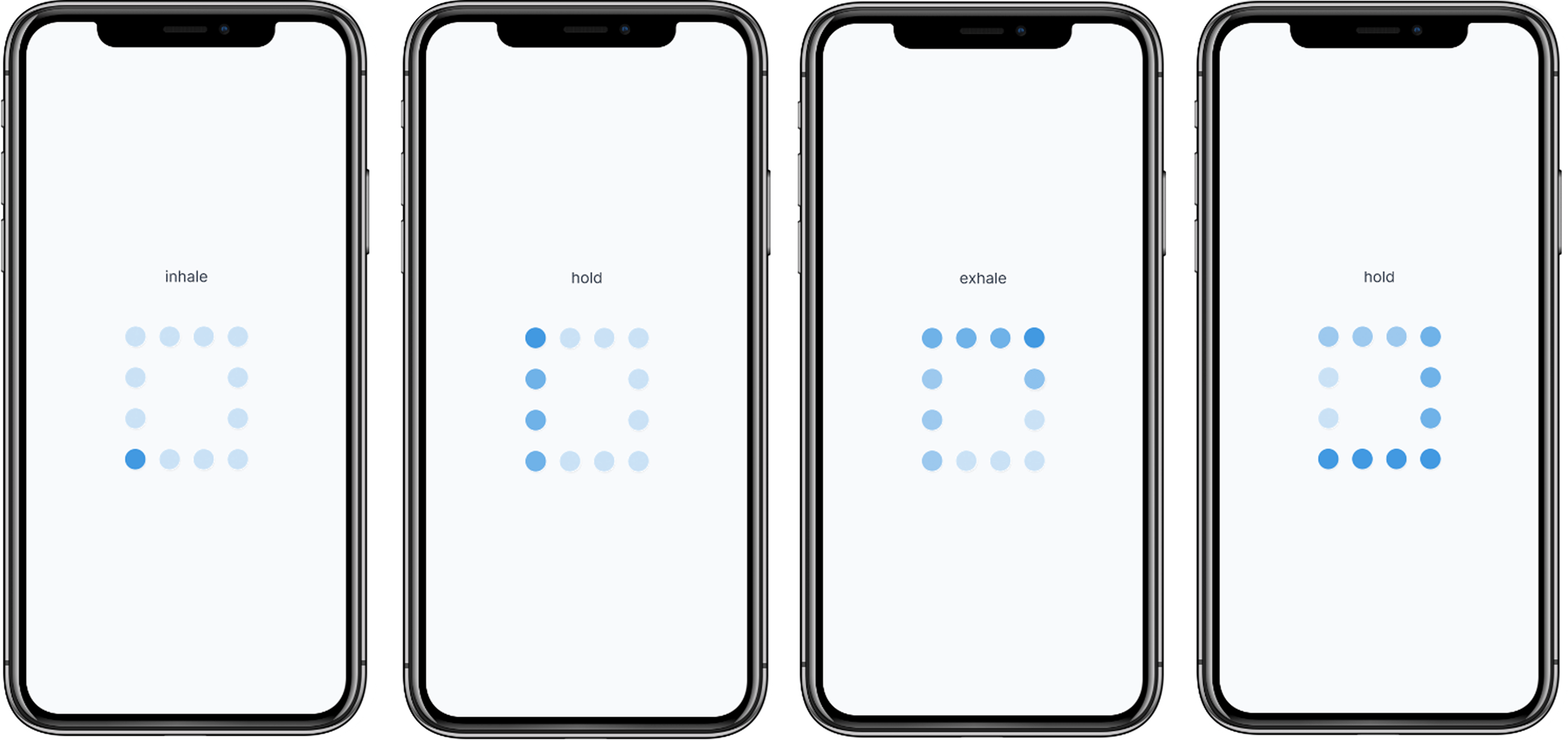 4 iphones showcasing the box breathing animation