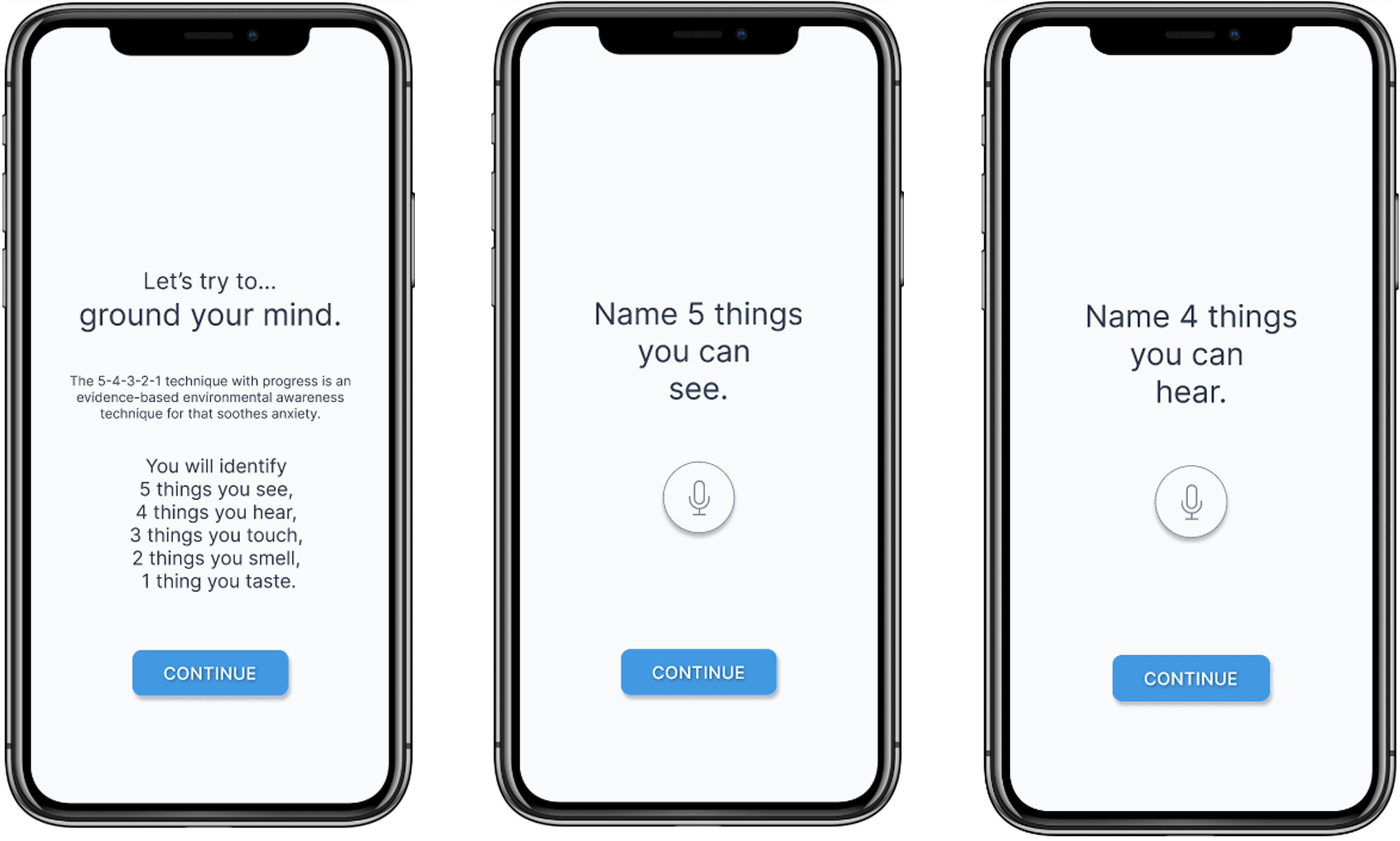3 iPhones showcasing Regulate's 5-4-3-2-1 grounding exercise design