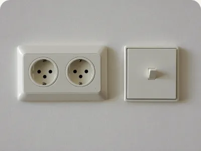 Neue Doppelsteckdose und Lichtschalter an einer weißen Wand